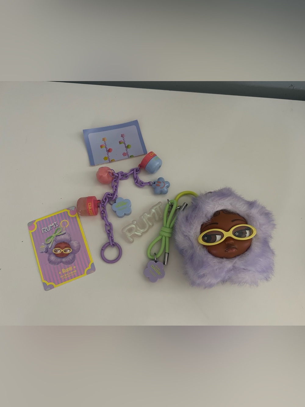 Daise Rumi Lilac Plush Doll Face bag charm and mini real product charm bracelet